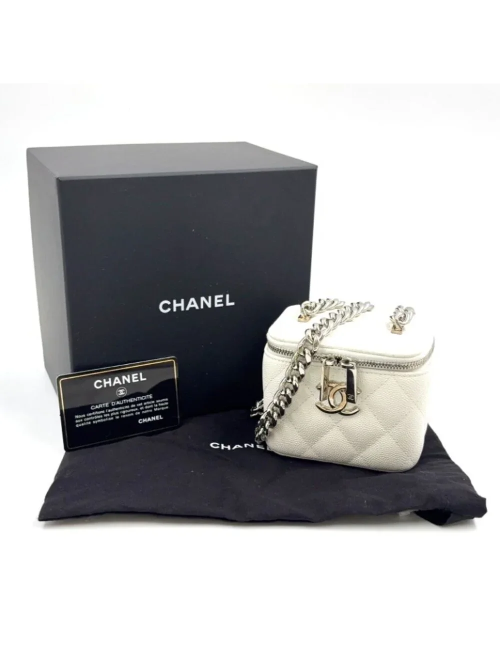 Chanel Classic Small Vanity Caviar Leather White Chain Shoulder Bag Silver